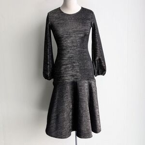 Vintage Black Silver Metallic Long Sleeve Cocktail Dress